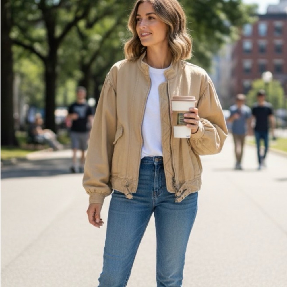 Free People Jacket Womens Size M Tan‎ Fawn Poet Puff Sleeve Utility Bomber Coat